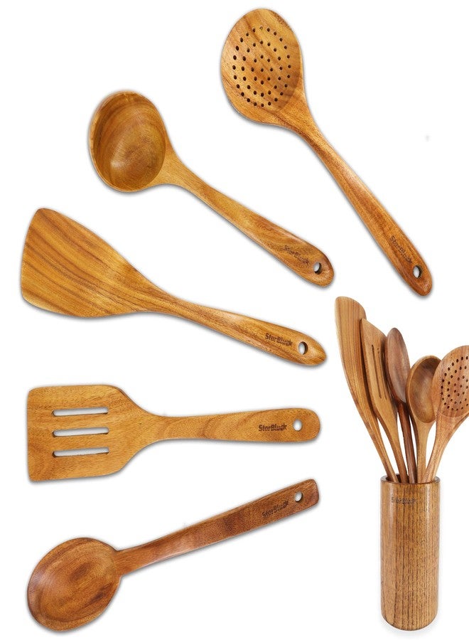 StarBlue Acacia Wooden Utensils Set 6 Pcs - Non-Scratching Durable Natural Wood Cooking Spatulas & Spoons for Nonstick Cookware with Holder - Image 1